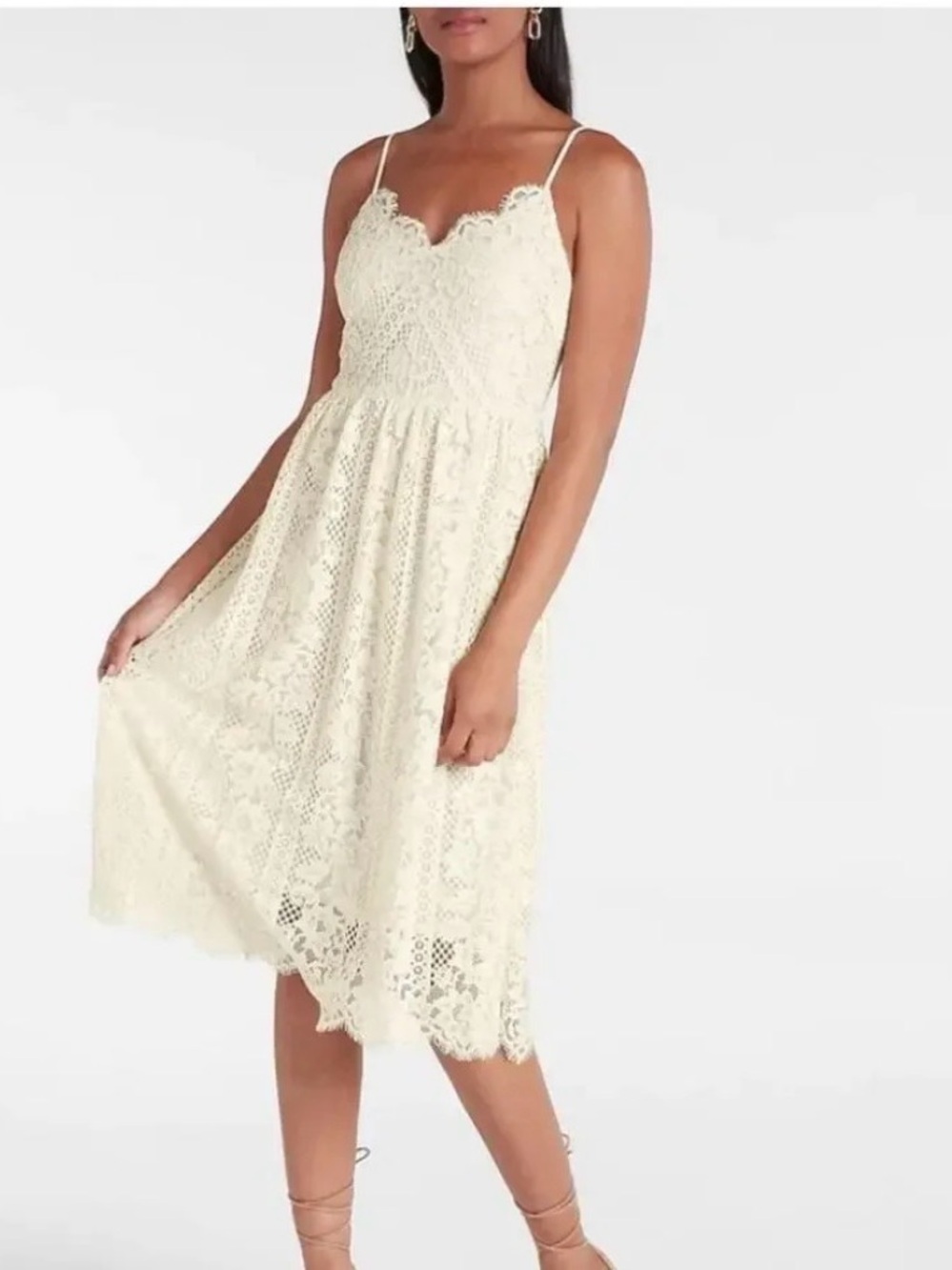 Express Lace Midi Dress with Scalloped V-Neck - Cream